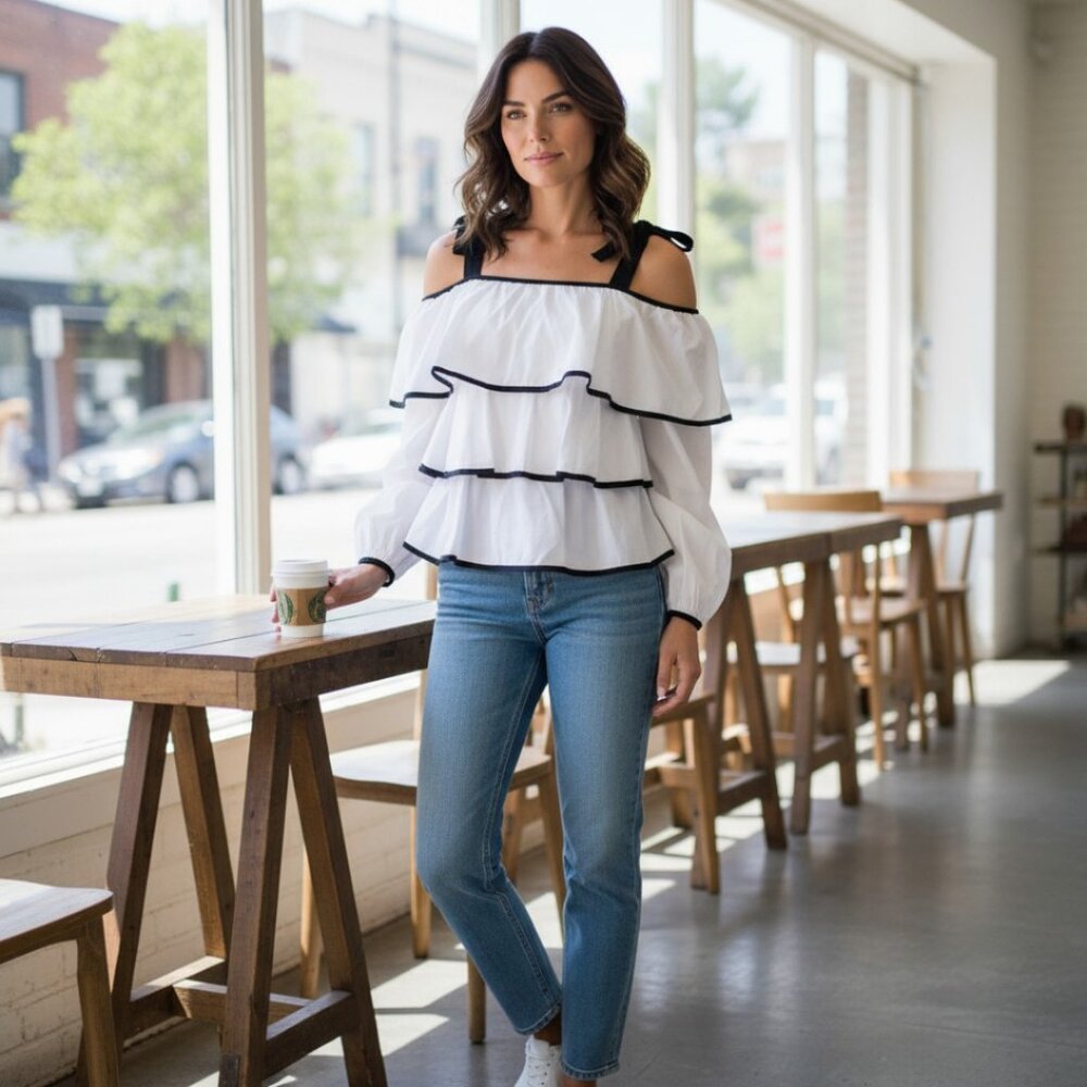 Women's Blouses Tops Designer Petersym Square Neckline 3/4 Sleeves Blouse Large